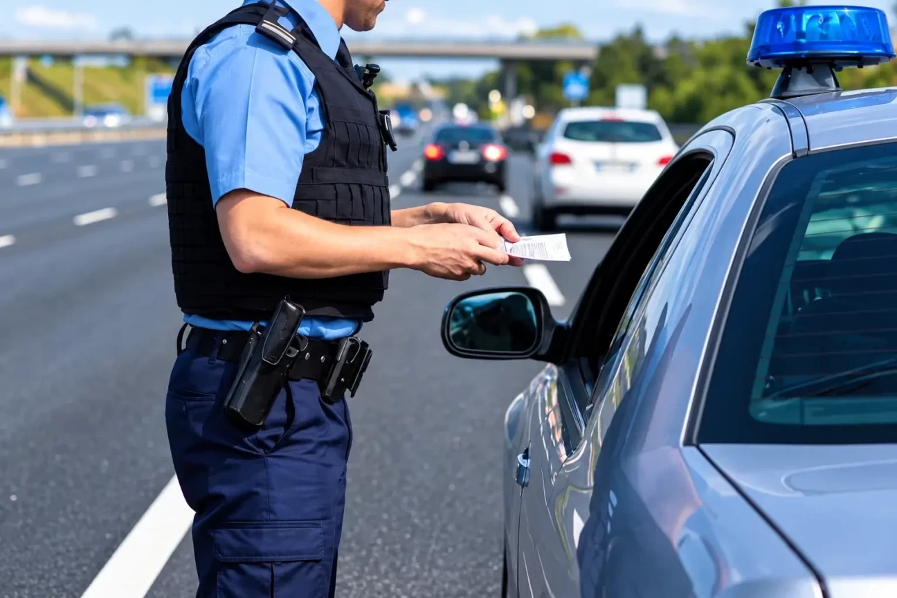 Police officer issuing a roadside notice to a driver beside a vehicle