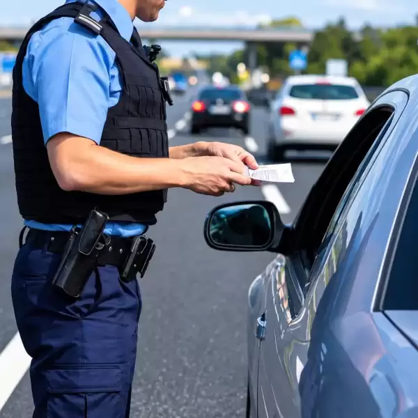 Police officer issuing a roadside notice to a driver beside a vehicle