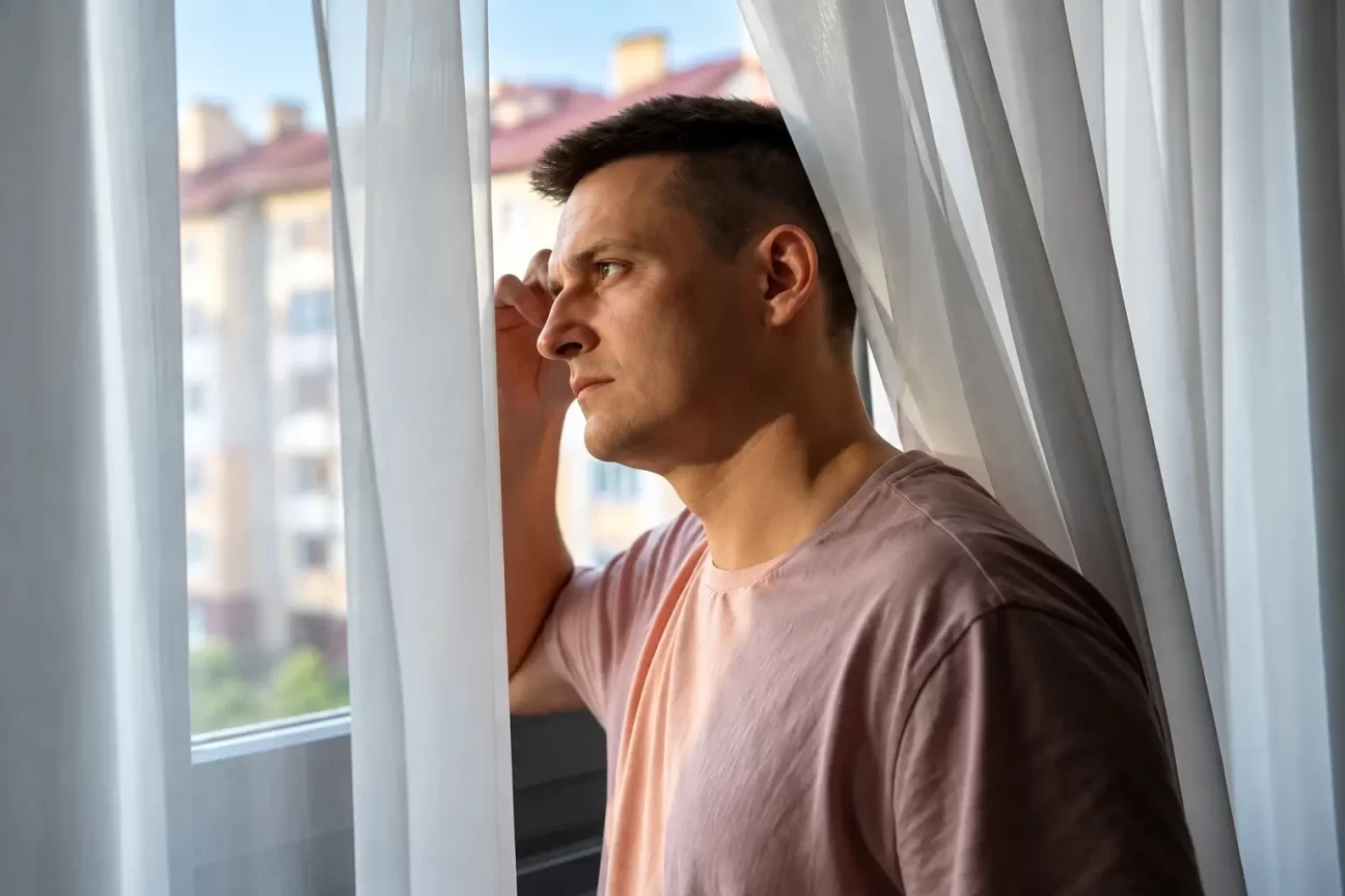 Man standing by a window in a quiet, reflective moment