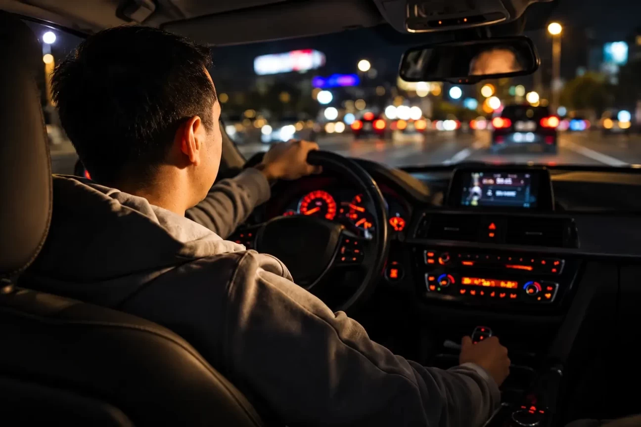 Driver on the road at night