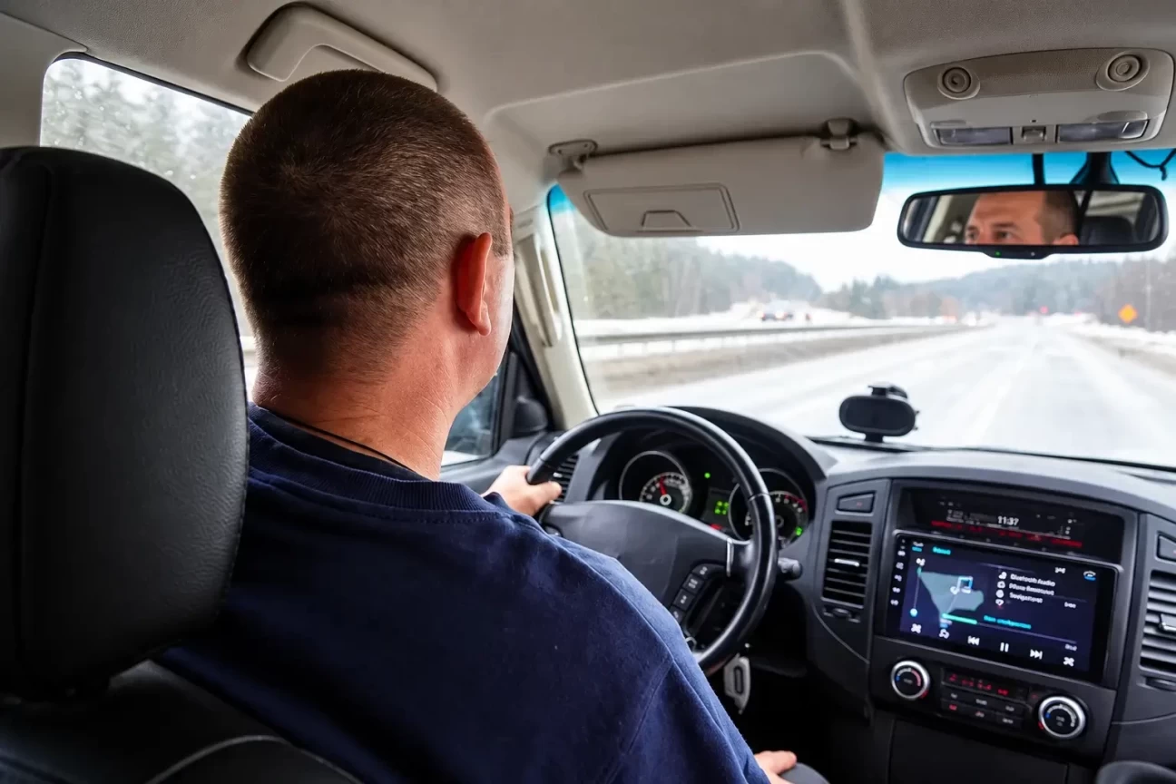 Driver behind the wheel of a moving vehicle